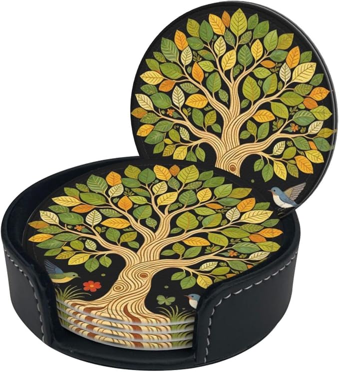 Drink Coasters with Holder Stand Set of 6, Tree of Life Vintage Pu Leather - Image 8