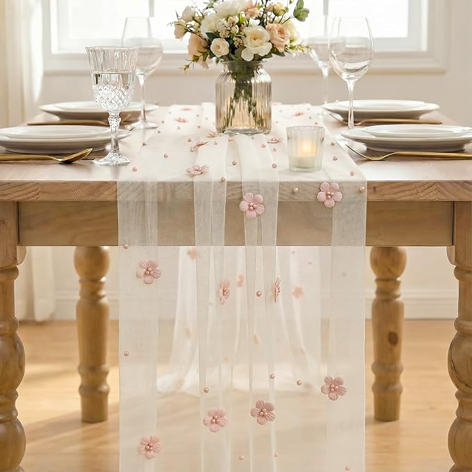 Artoid Mode Pink Flower Pearl White Gauze Table Runner 10FT, Seasonal Sheer - Image 2