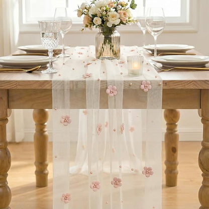 Artoid Mode Pink Flower Pearl White Gauze Table Runner 10FT, Seasonal Sheer - Image 2
