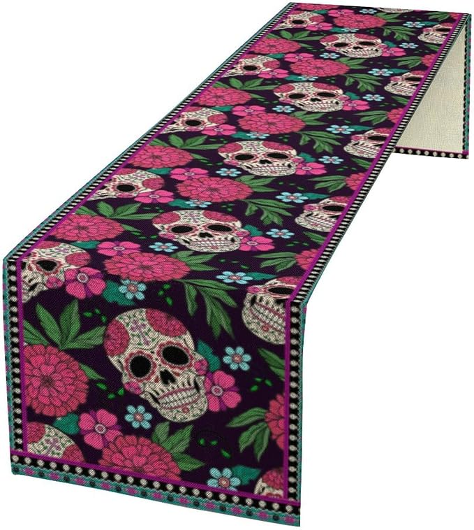 YCness Dia De Los Muertos Table Runner Red Floral Cinco De Mayo Rustic Linen - Image 2