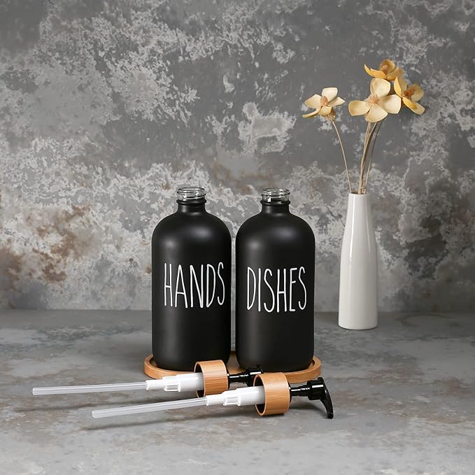 MOMEEMO Black Soap Dispenser Set, Contains Hand and Dish Soap Dispenser, Suitable for Kitchen Decor. (Black)