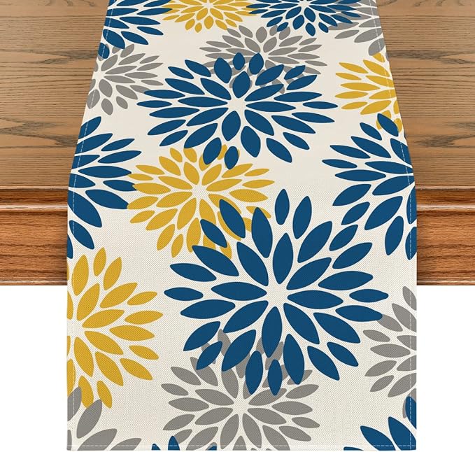 Artoid Mode Blue Dahlia Floral Pinnata Summer Table Runner, Spring Kitchen by ArtoidMode
