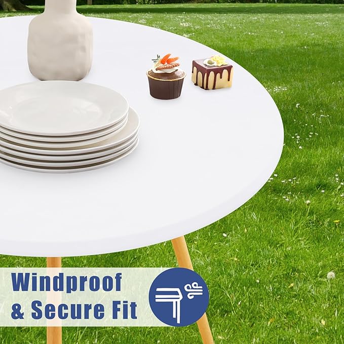 Round Spandex Tablecloth 2 Pack, Elastic Fitted Waterproof Tablecloths for 57"-68" Tables, Stretch Washable Picnic Table Cover for Camping, Dining, Indoor and Outdoor, White