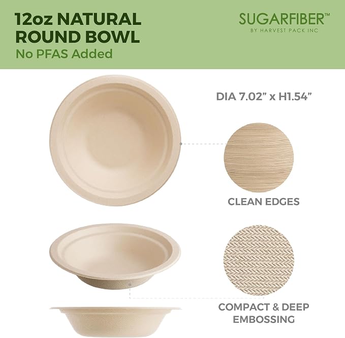 12oz Compostable Paper Bowls Disposable Round Natural Cereal Bowl, Biodegradable - Image 2