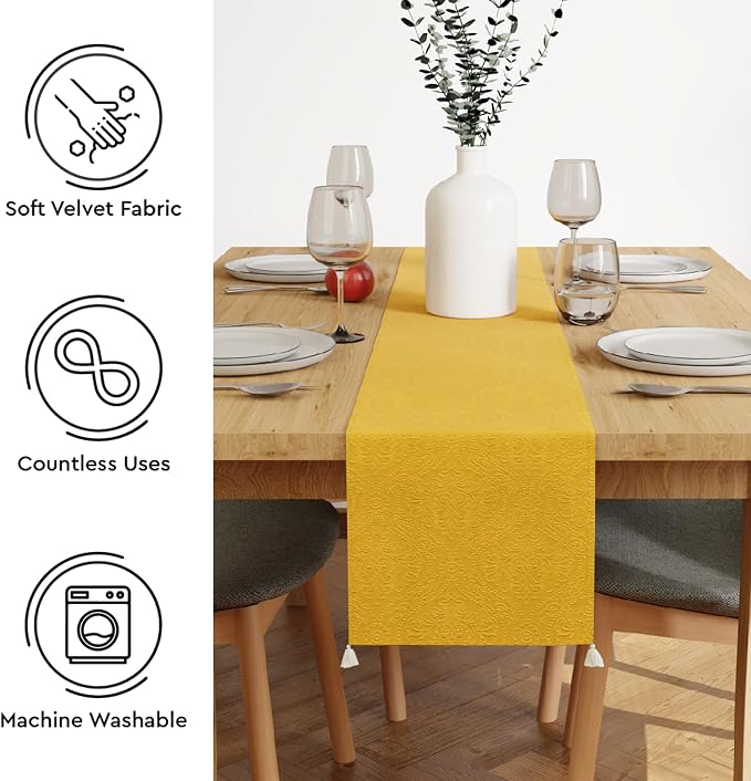 Encasa XO Table Runner, Embossed Velvet, Elegant 13"x72" | Lemon Yellow - Image 4