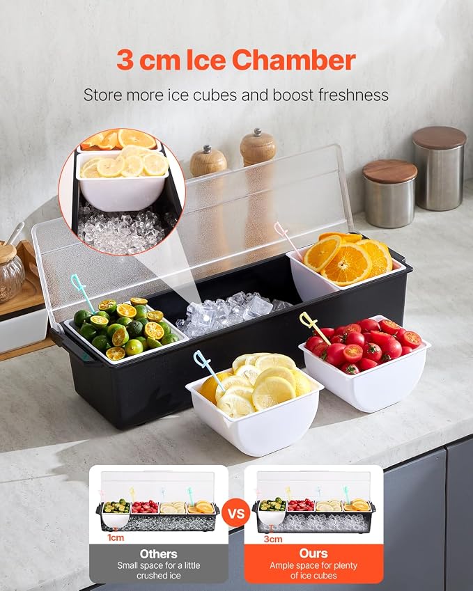 VEVOR Chilled Condiment Server, 4 Compartment Ice Cooled Condiment Serving - Image 2