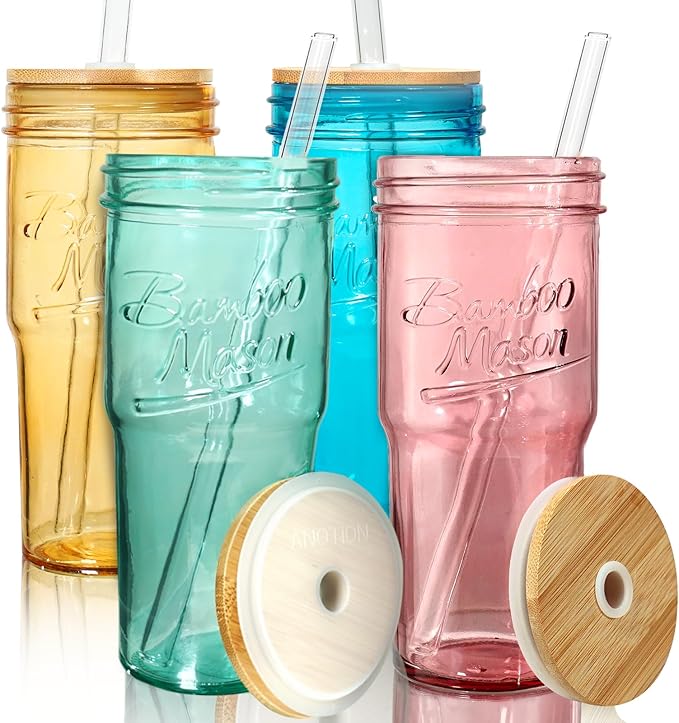 ANOTION Colored Glass Cups - 24oz Travel Coffee Mug Wide Mouth Mason Jar Iced by ANOTION