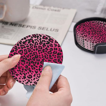 6 Pcs Pink Leopard Print Leather Coasters - Image 6