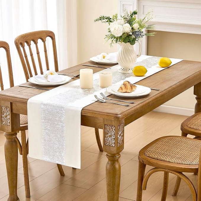 Metallic Style Silver Table Runner, Table Runners 48 Inches Long | Cotton Linen - Image 2