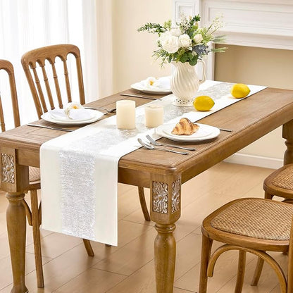 Metallic Style Silver Table Runner, Table Runners 48 Inches Long | Cotton Linen - Image 2