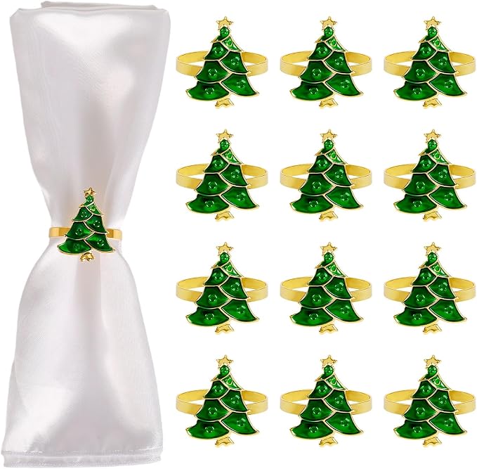 Christmas Tree Napkin Rings Set of 12, Evergreen Xmas Tree Napkin Ring Holders by wonlex