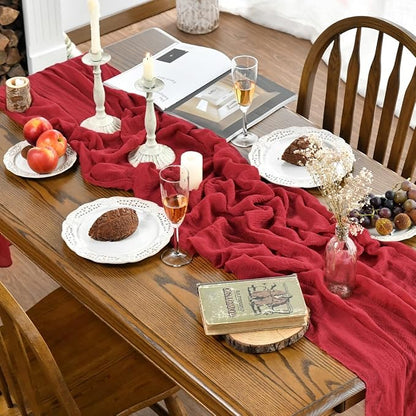 Artoid Mode Boho Gauze Red 3 Pieces Wedding Table Runner, 120 Inch Cheesecloth - Image 2