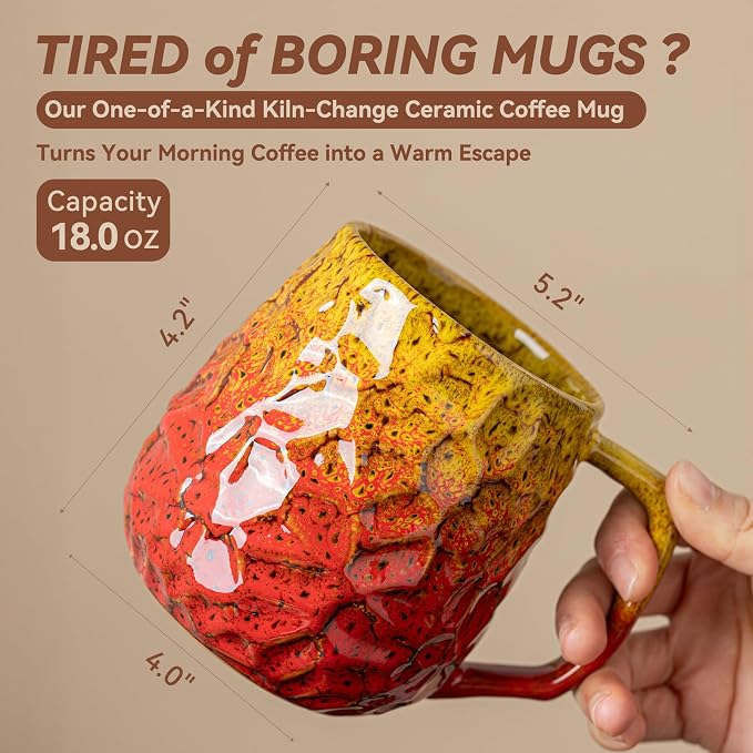 18oz Unique Yellow & Red Kiln-Change Ceramic Coffee Mug, Handcrafted Hammered - Image 3