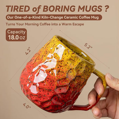 18oz Unique Yellow & Red Kiln-Change Ceramic Coffee Mug, Handcrafted Hammered - Image 3