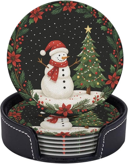Black Christmas Snowman Floral Holly Coasters by KiuLoam