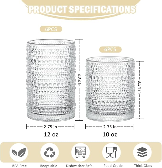 Hobnail Drinking Glasses Set of 12, 12 oz Highball Glassware & 10 oz Cocktail - Image 3
