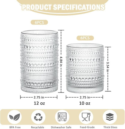 Hobnail Drinking Glasses Set of 12, 12 oz Highball Glassware & 10 oz Cocktail - Image 3