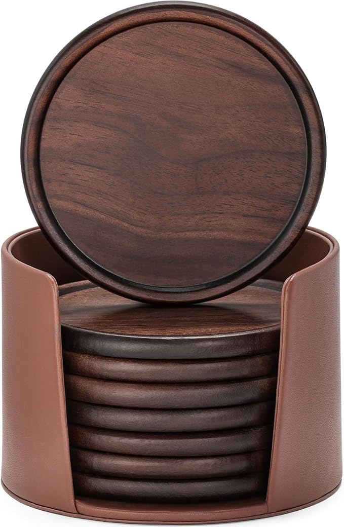 Wood Coasters with Leather Holder, GOH DODD Set of 8 Walnut Wooden Coaster by GOHDODD