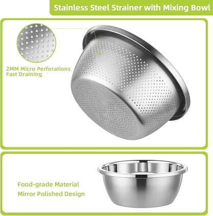Colander Stainless Steel 304 with Mixing Bowls, 5QT Large Capability Strainers and Colanders for Kitchen, Pasta Strainer for Washing Vegetables, Fruit and Rice, Dishwasher Safe(2PCS)