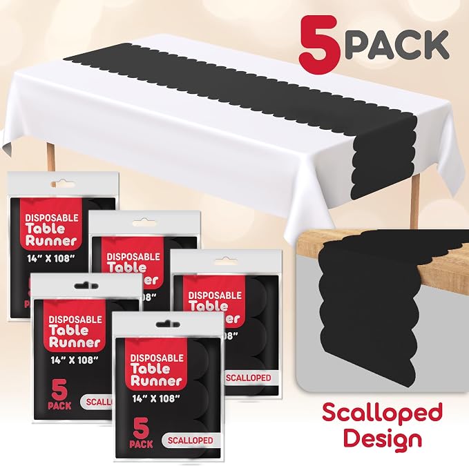 Black Scallop Table Runner, Disposable Plastic, 5 Pack - Image 2