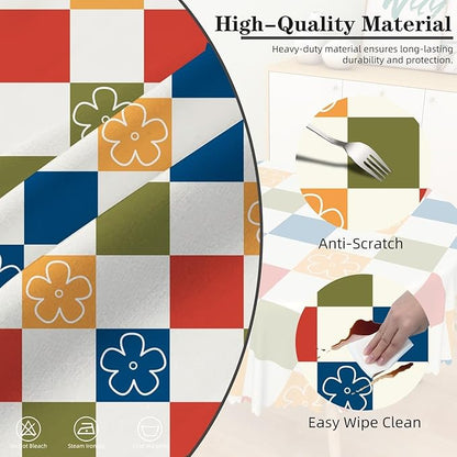 Laeacco 60 Inch Plaid Round Tablecloth Colorful Buffalo Plaid Flower Modern Geometric Abstract Art Print Table Cloth Washable Waterproof Wrinkle Free Table Cover for Kitchen Dining Picnic Party Decor