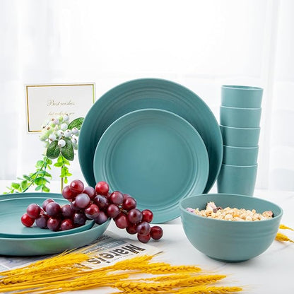 Supernal 32pcs Wheat Straw Dinnerware Sets,Dinnerware Sets for 8,Unbreakable Dinnerware,Reusable Tableware,Dark Green Set 16pcs Plates, 8pcs Bowls, 8pcs Cups,Microwave Dishwasher Safe