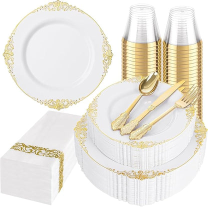 175 Pcs White Gold Plates for Wedding | White Party Plates Set for 25 Guests by Hioasis