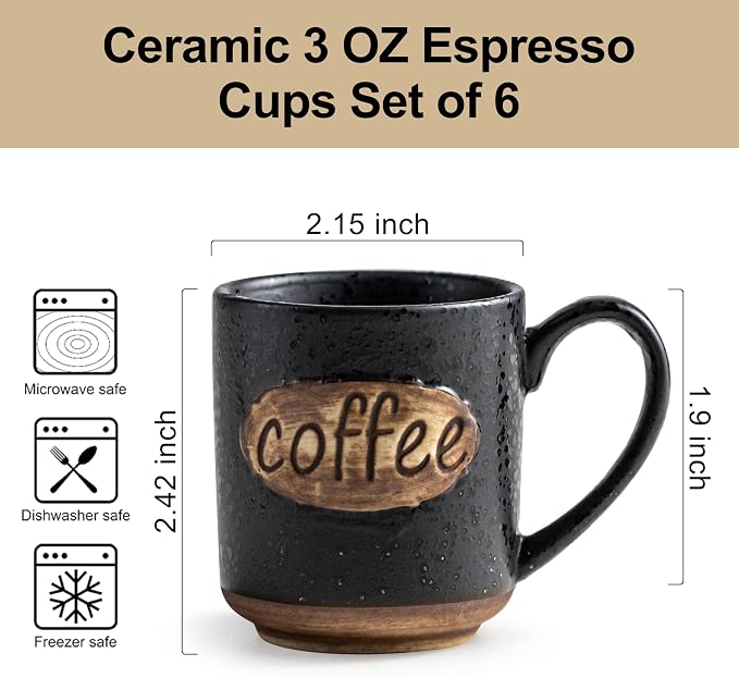 LYEOBOH Coffee Cups, Espresso Cups, Tea Cup, Coffee Mugs Set of 6, 3 oz Ceramic - Image 2