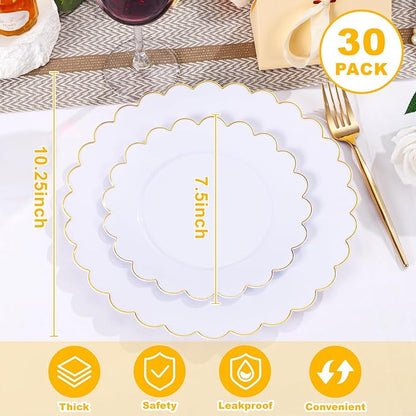 LIYH 60 Pcs Gold White Plastic Plates Scalloped Plastic Holiday Plates Disposable Gold Combo Plate Includes 30 Dessert & 30 Dinner Plate Dishes for Valentine's Day and Mother's Day