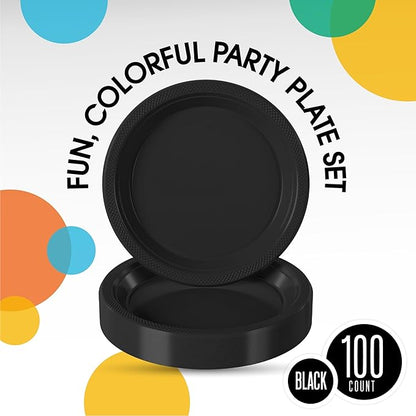 Black Plastic Plates For Party 7" Black Disposable Plates Heavy Duty 100 Pcs Plastic Dinnerware Sets Heavy Duty 350 GSM Disposable Dinnerware Set