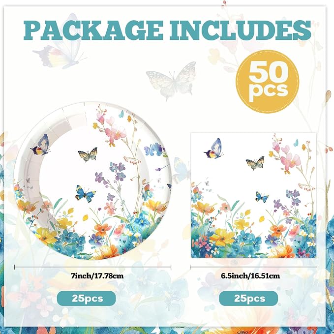 50pcs Wildflower Paper Plates and Napkins Party Decorations, 7inch Watercolor - Image 3