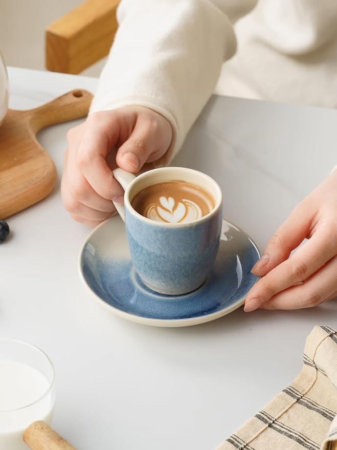 famiware 3oz Espresso Cups and Saucers, Azure Blue | Ceramic Small Coffee Mug - Image 3