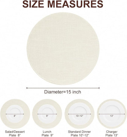 homing 15 Inch Round Cloth Placemats Set of 6, Cotton Linen Blend Washable Table Mats, Farmhouse Dining Place Mats for Indoors & Outdoors, Easy to Clean, Cream