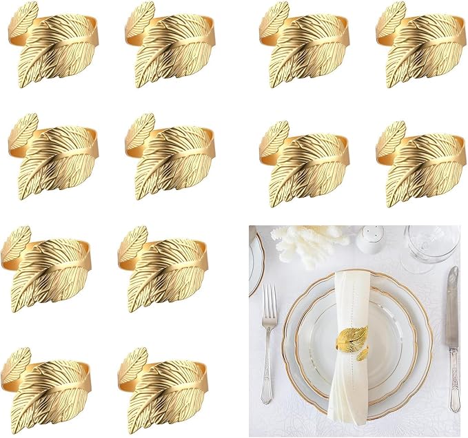 14K Gold Napkin Rings Set of 12, Metal Leaf Gold Napkins Rings Holder Buckles by FAZKAR
