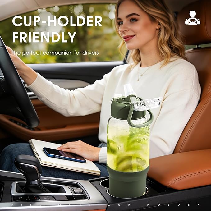 SIEROZUR 32 oz Glass Tumbler with Straw, Glass Water Bottles with 2 Lids-Handle Spout Lid & Straw Lid, 1 Liter Motivational Water Bottles, Silicone Sleeve, Fits Car Cup Holder,Black