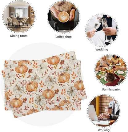 Fall Placemats Set of 4 Orange Grey Pumpkin Leaves Floral Decor Place Mats 12x18 Inch Autumn Leaf Harvest Thanksgiving Decorative Linen Table Mats for Home Kitchen Dining Party Table Decoration