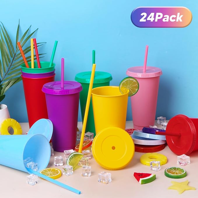24 Pack Plastic Tumblers with Lids and Straw, Reusable Cups with Lids and - Image 4
