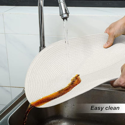 FunWheat Oval Braided Placemats Set of 8 Table Mats for Dining Tables Washable Heat Resistant Place Mats for Indoor Outdoor Use 12 x18 Inch(Oval White, 8pcs)