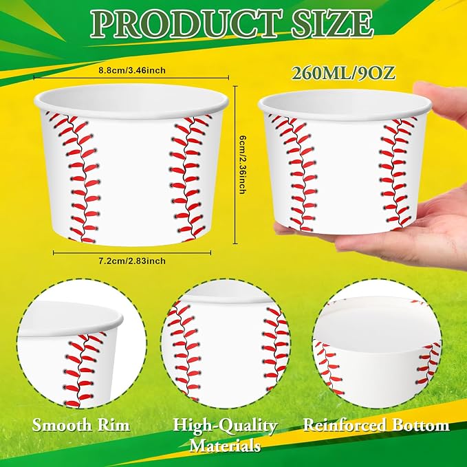 CHENGU 60 Pcs Baseball Snack Cups 9 oz Baseball Disposable Ice Cream Bowls - Image 2