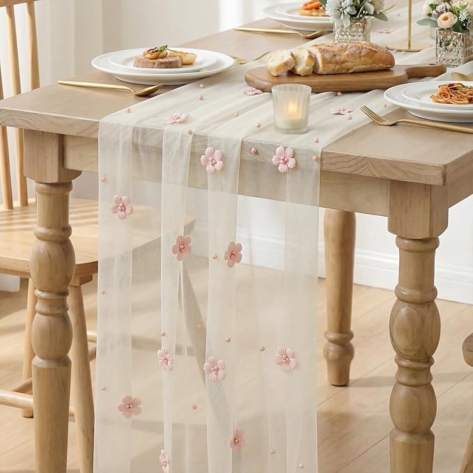 Artoid Mode Yellow Flower Pearl White Gauze Table Runner 10FT 3PC, Seasonal - Image 6
