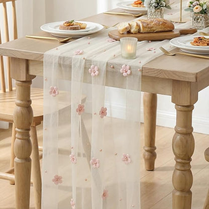 Artoid Mode Pink Flower Pearl White Gauze Table Runner 10FT 3PC, Seasonal Sheer - Image 6