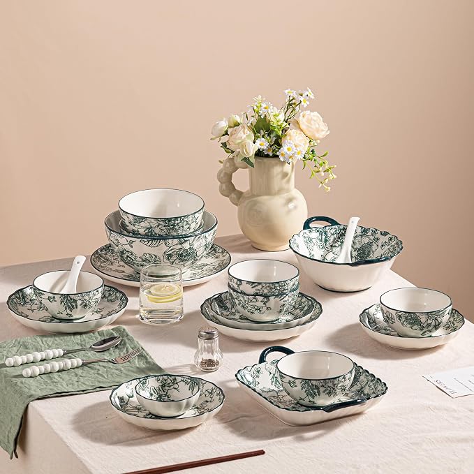 Ceramic Dinnerware Set, Floral Plates and Bowls Sets, Microwave & Dishwasher - Image 6