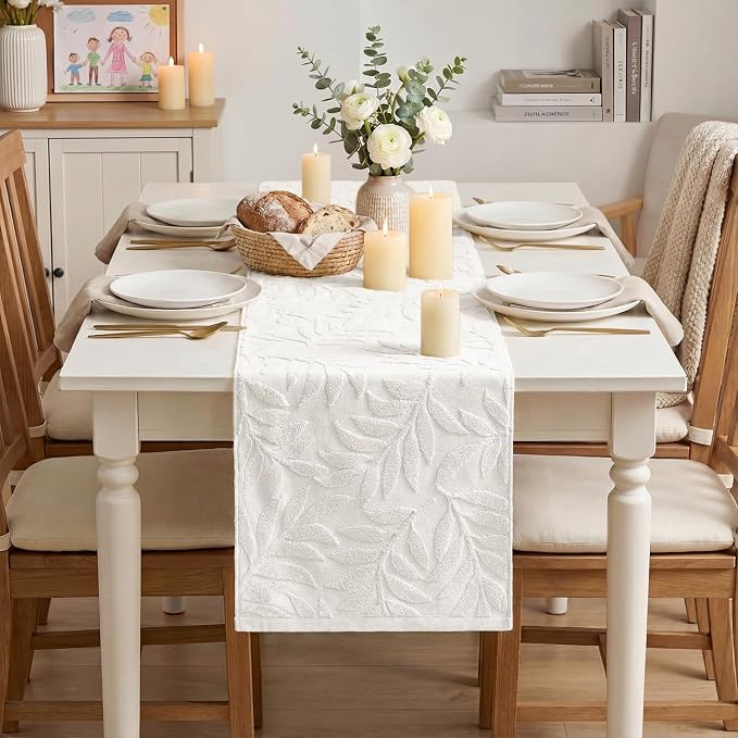 Artoid Mode White Soft 3D Jacquard Leaves 100%Cotton Spring Table Runner - Image 2