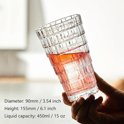 Vintage Drinking Glasses Set of 6, Mojito Glass Cups Stackable Water Tumbler, for Beer, Cocktail, Whiskey, Juice & Mixed Drinks. (15 OZ)