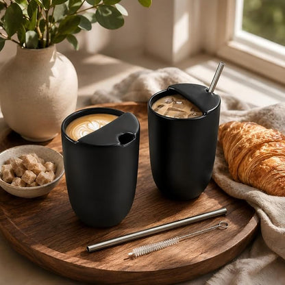 2 Pack Ceramic Coffee Mug with Sip Hole 9.5oz Retro Espresso Cup with Straws - Image 5