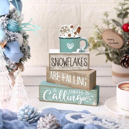 Moucuny 4 Pcs Winter Table Decor Wooden Milk Cocoa Decoration Winter Tiered - Image 3