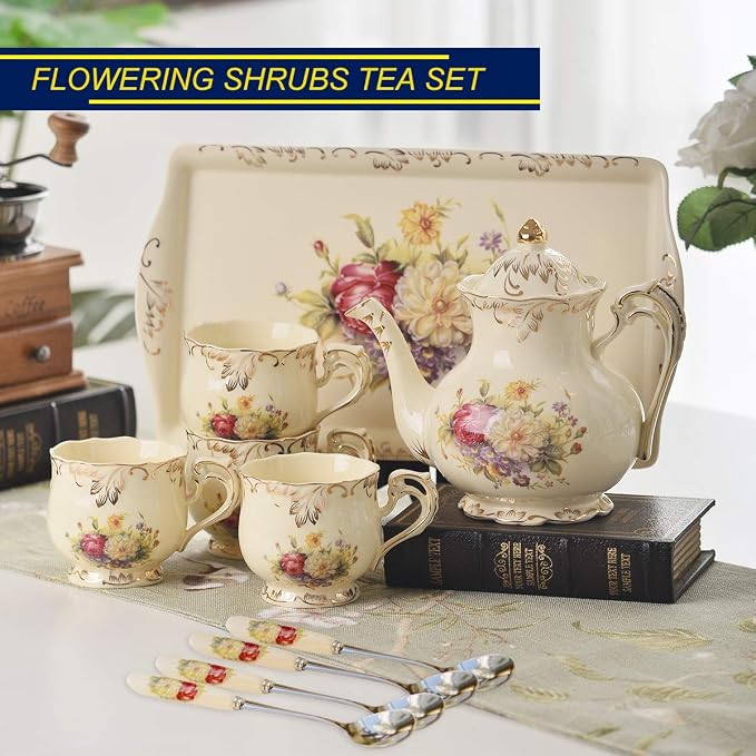 YOLIFE Porcelain Tea Set, Ivory Vintage Flowering Shrubs Teaset | 4 Teacups - Image 2