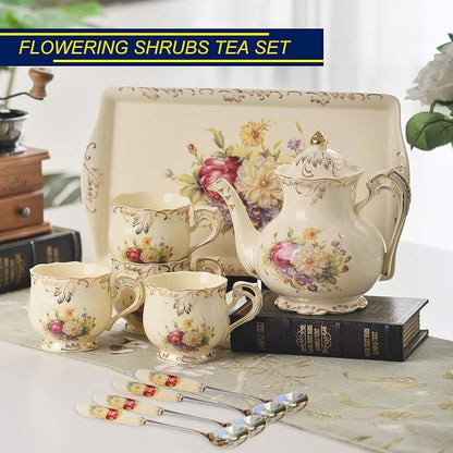 YOLIFE Porcelain Tea Set, Ivory Vintage Flowering Shrubs Teaset | 4 Teacups - Image 2