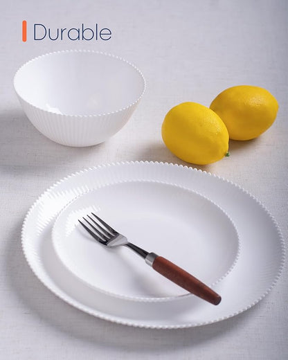 Dinnerware Sets for 4, 12 Pieces Opal Glass Plates and Bowls Set, Dishwasher and Microwave Safe Ribbed Dish Dinning Ware, Chip and Scratch Resistant Dishware, White