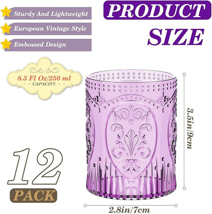 Qinyoung 12 Plastic Vintage Drinking Glasses 8.5oz Stemless Retro Embossed Wine - Image 3